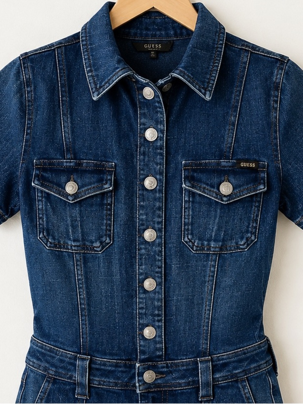 GUESS Lara Dark Wash Denim Romper Jumpsuit Shorts Button Front Size S - Picture 3 of 14